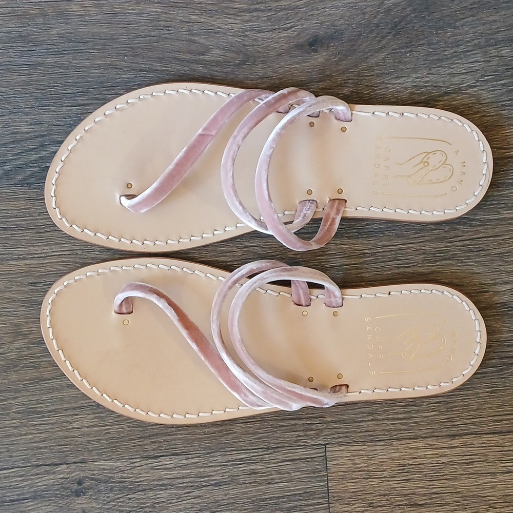 A. Mano Leather & Velvet Capri Sandals. Made in Italy